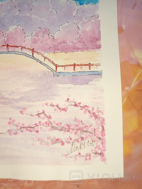 "Фудзіяма на весні" скетч акварель автограф сакура, фото №3