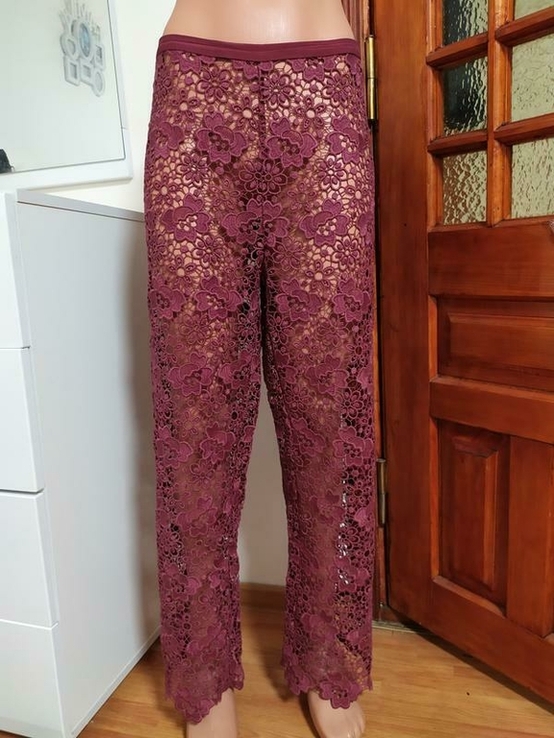 Кружевные брюки марсала fogal l лимитированная коллекция valentino lace wide leg trousers, numer zdjęcia 3