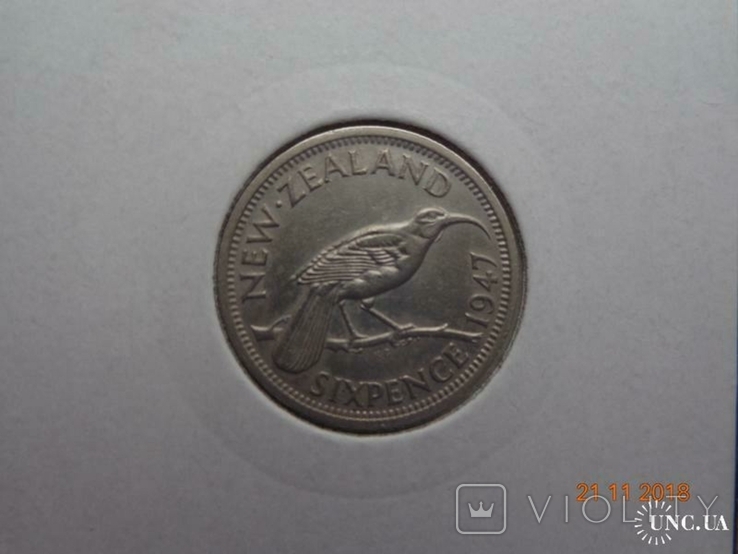 Новая Зеландия 6 пенсов 1947 George VI "Huia bird" (KM#8a), фото №2