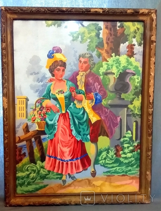 Antique Large Painting in Native Wooden Frame Glass Germany Watercolor Canvas 61*81, photo number 2