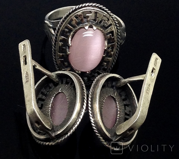 Кольцо, серьги, розовый камень, фото №3