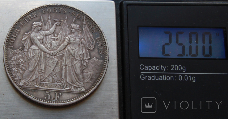 5 франков 1876 Швейцария Тир. Серебро 25г, фото №4