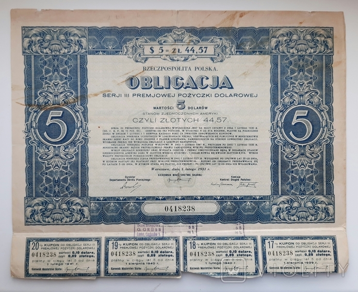 Польща. Бонд 5 доларів 1931 року., фото №2