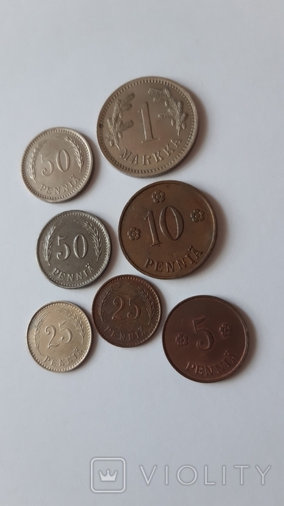 Набор № 5, 7 монет, пени, марка, Финляндия, 1920-1944 гг., фото №5