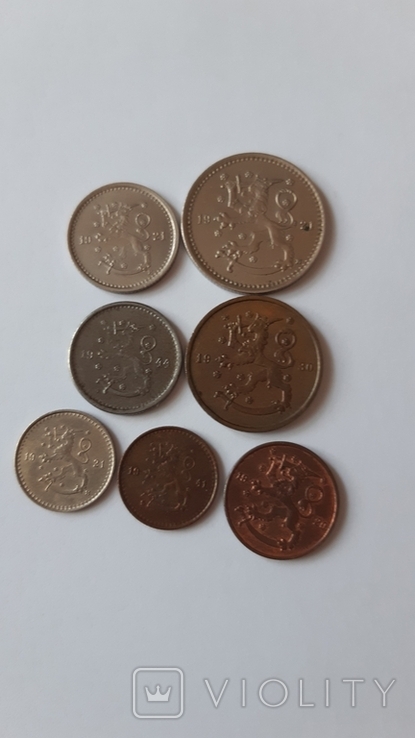 Набор № 5, 7 монет, пени, марка, Финляндия, 1920-1944 гг., фото №7
