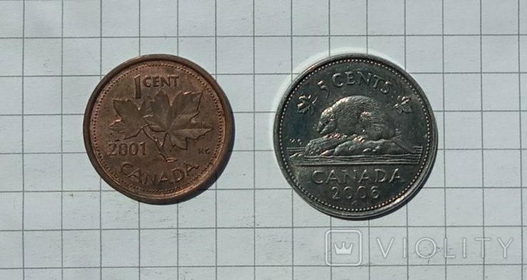 1 цент 2001, 5 центов 2006. Канада., фото №2