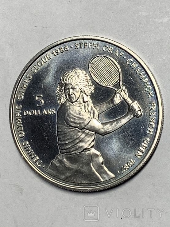 5 долларов, 1987 Ниуэ, Теннис, Штеффи Граф, KM#5
