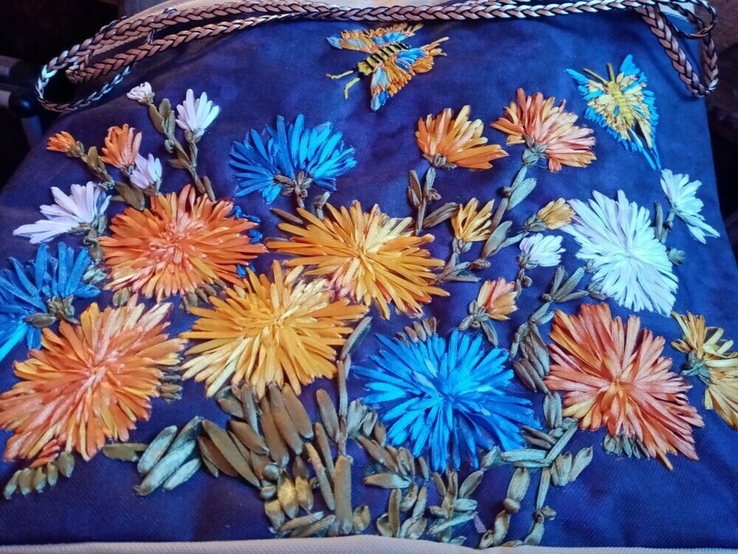 Шикарна сумка "жоржини і метелики", вишита стрічками, ручна робота, фото №10