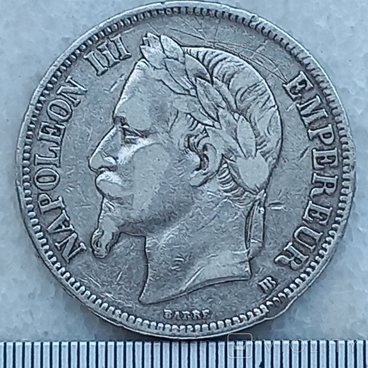 5 франков, Франция, 1869 год, ВВ, император Наполеон III, серебро 0.900, 24.68 грамм