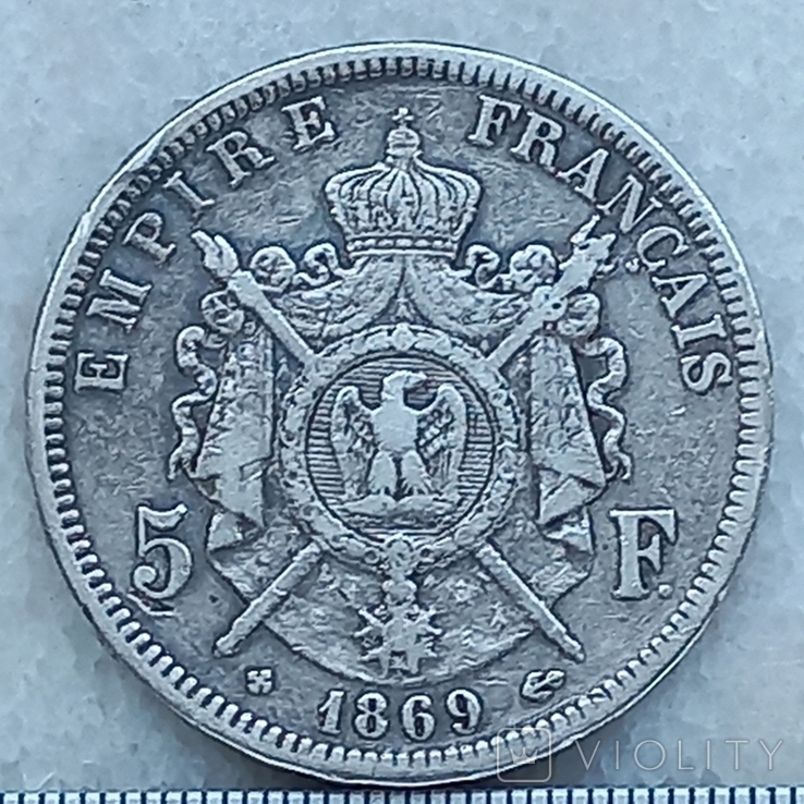 5 франков, Франция, 1869 год, ВВ, император Наполеон III, серебро 0.900, 24.68 грамм, photo number 4