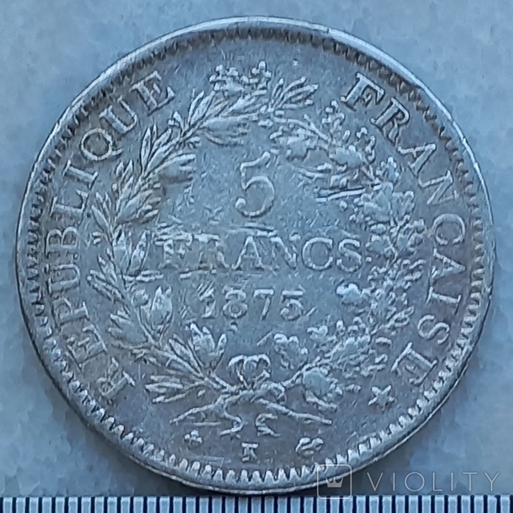 5 франков, Франция, 1873 г., К, Геркулес и музы, серебро 0.900 24.85 гр., photo number 2