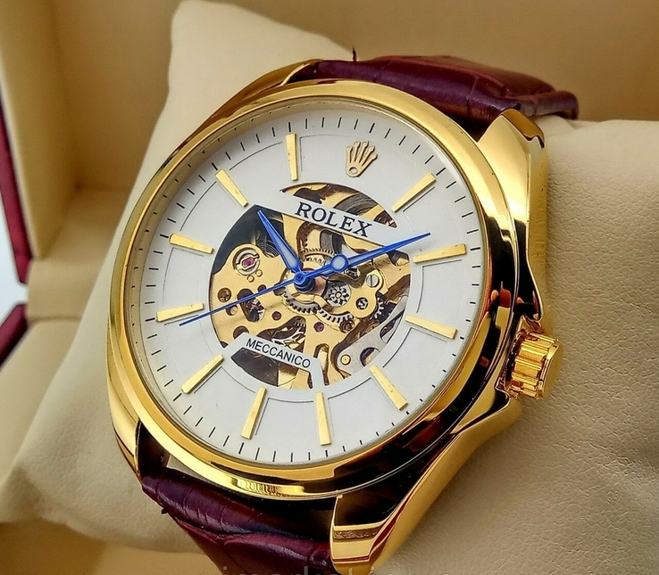 Механические мужские наручные часы скелетоны Rolex золотого цвета с автоподзаводом, фото №2