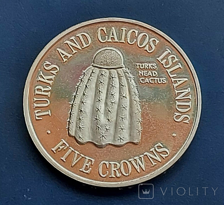 Серебряные 5 крон 1976 г, (0.500, 24.65г); Острова Теркс и Кайкос, Кактус, фото №2