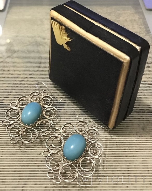 Earrings in a box Kazakovo Production Jewelry Association Filigree silvering