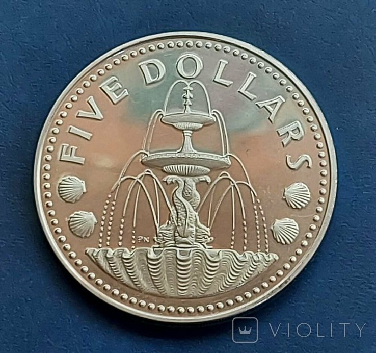Серебряные 5 долларов 1973 г. (0.800, 31.1г); Барбадос, Фонтан (Proof), фото №2