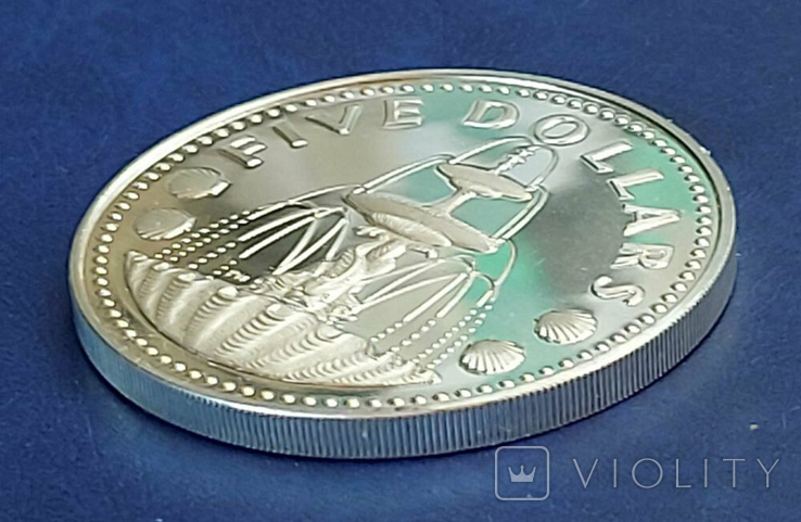 Серебряные 5 долларов 1973 г. (0.800, 31.1г); Барбадос, Фонтан (Proof), фото №4