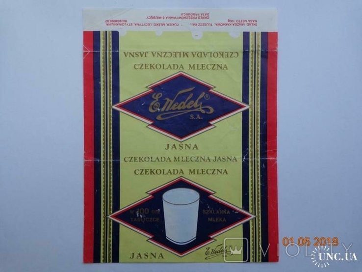 Обёртка от шоколада "Czekolada Mleczna Jasna" 100g (E. Wedel S.A., Warszawa, Польша), фото №2