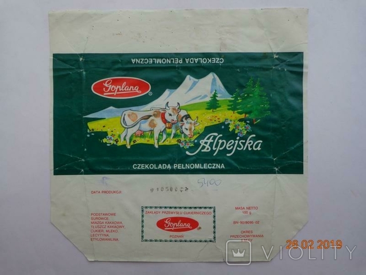 Обёртка от шоколада "Alpejska czekolada pelnomleczna" 100g (Goplana, Poznan, Польша, 1991), фото №2