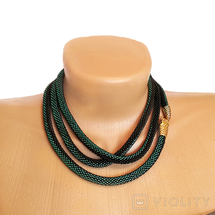 A long emerald black necklace handmade in the shape of an Ouroboros snake. Length 51 inch, photo number 3