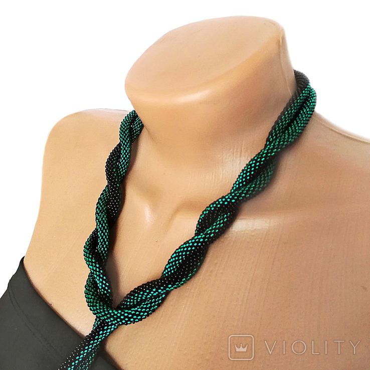 A long emerald black necklace handmade in the shape of an Ouroboros snake. Length 51 inch, photo number 4