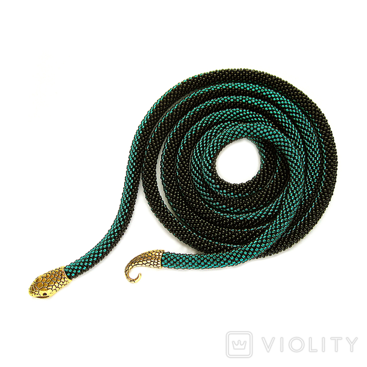 A long emerald black necklace handmade in the shape of an Ouroboros snake. Length 51 inch, photo number 7