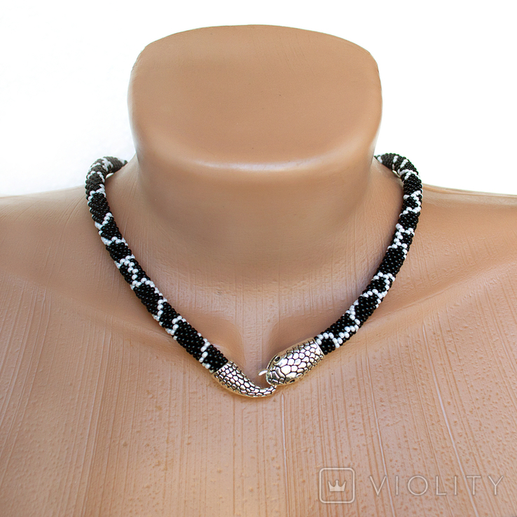 Black and white handmade necklace in the shape of a snake. Can be worn as a bracelet or necklace, photo number 2