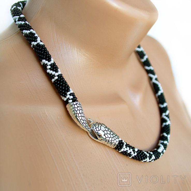 Black and white handmade necklace in the shape of a snake. Can be worn as a bracelet or necklace, photo number 3