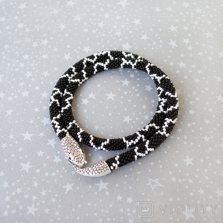 Black and white handmade necklace in the shape of a snake. Can be worn as a bracelet or necklace, photo number 4