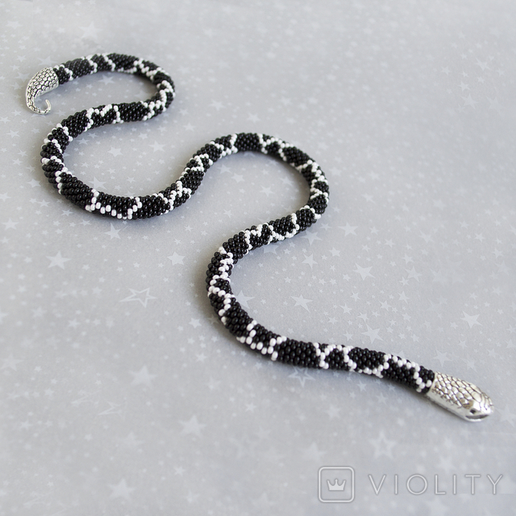 Black and white handmade necklace in the shape of a snake. Can be worn as a bracelet or necklace, photo number 6
