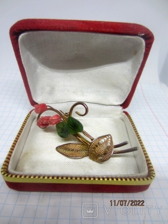 Vintage brooch, rose branch, corals, jade, gilding, photo number 3