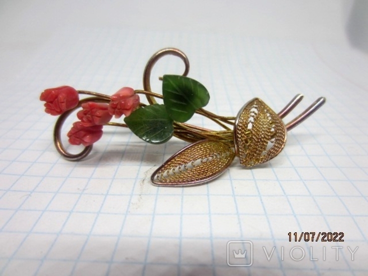 Vintage brooch, rose branch, corals, jade, gilding, photo number 2
