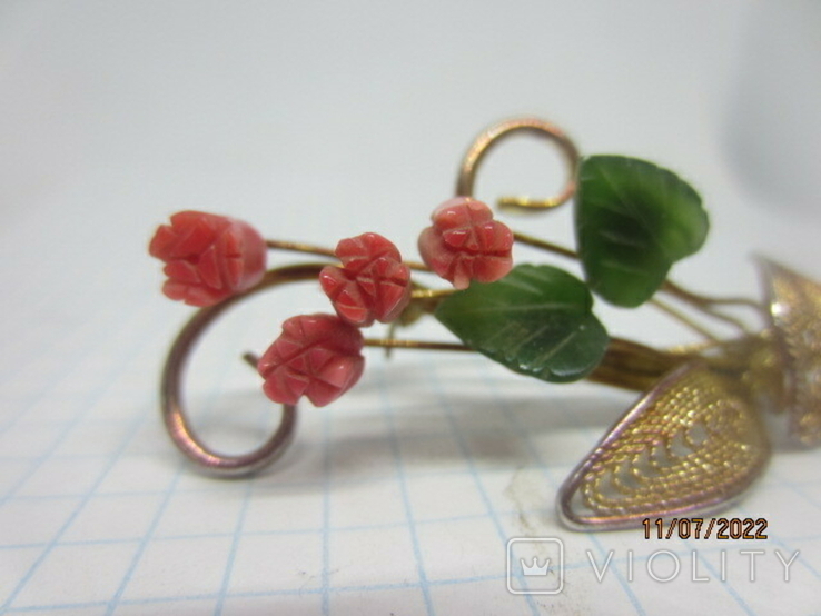 Vintage brooch, rose branch, corals, jade, gilding, photo number 4