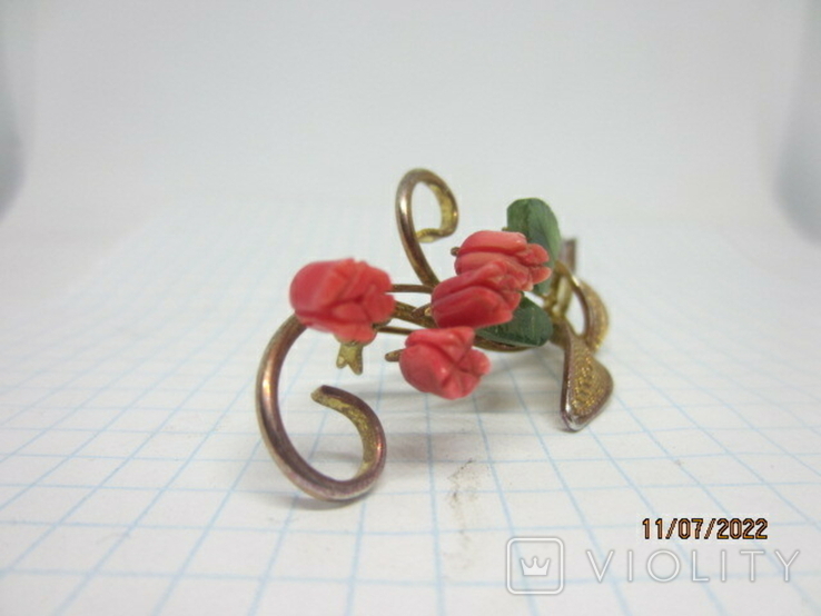 Vintage brooch, rose branch, corals, jade, gilding, photo number 5
