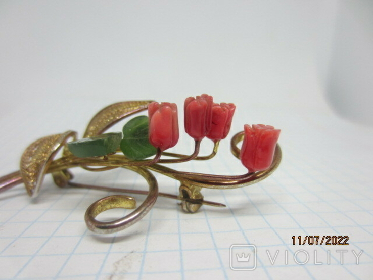 Vintage brooch, rose branch, corals, jade, gilding, photo number 6