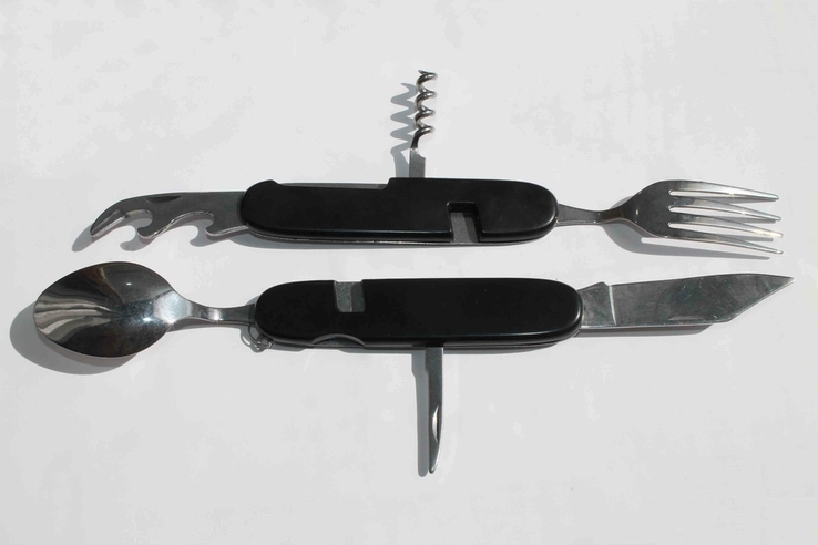 Туристичний набір столових приладів вилка, ложка, ніж, відкривачка, штопор (1400), фото №2