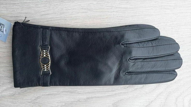 Женские черные кожаные демисезонные перчатки (тонкий мех), фото №3