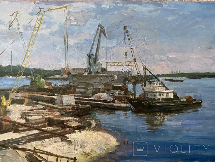 Радионов С., промышленный пейзаж Строительство моста в Киеве, работа 70х50 см, 90-е годы