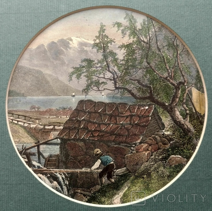 1860 Дом у озера Швейцария (цветной рисунок с журнала 20х20 паспарту 26х28) СерияАнтик