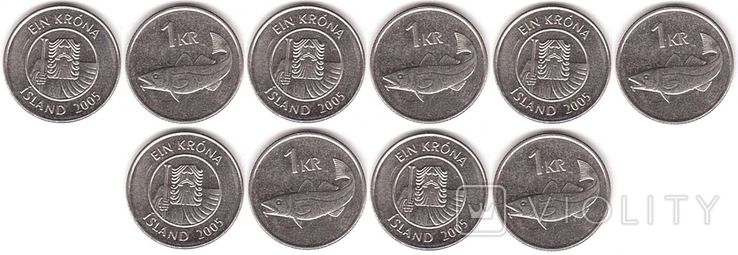 Iceland Iceland - 5 pcs x 1 Kronur 2005, photo number 2