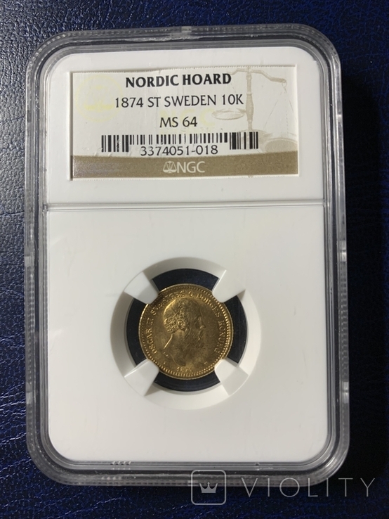 10 крон 1874 ST Швеция в слабе NGC, фото №2