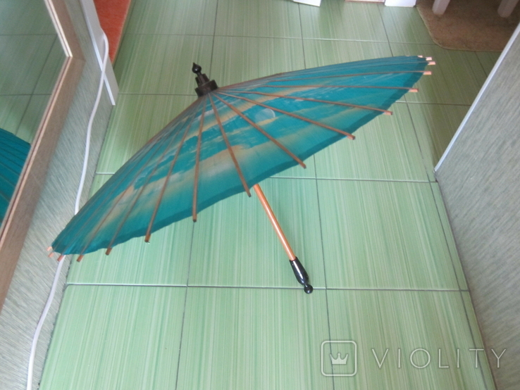 Винтажный зонтик - Дерево - Натуральный шелк - ручная роспись - Китай, фото №2
