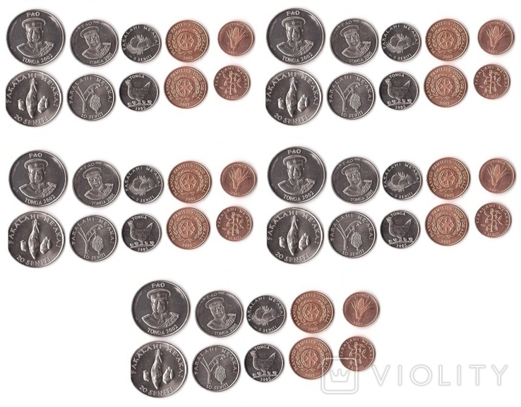 Tonga Тонга - 5 шт х набор 5 монет 1 2 5 10 20 Seniti 2002 - 2005 - а