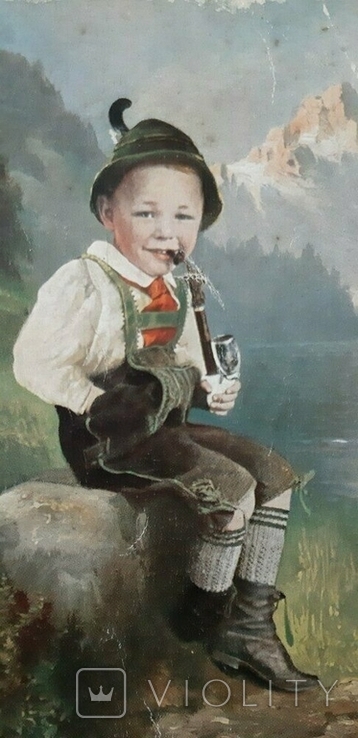 Немецкая довоенная открытка Мальчик с трубкой, фото №2