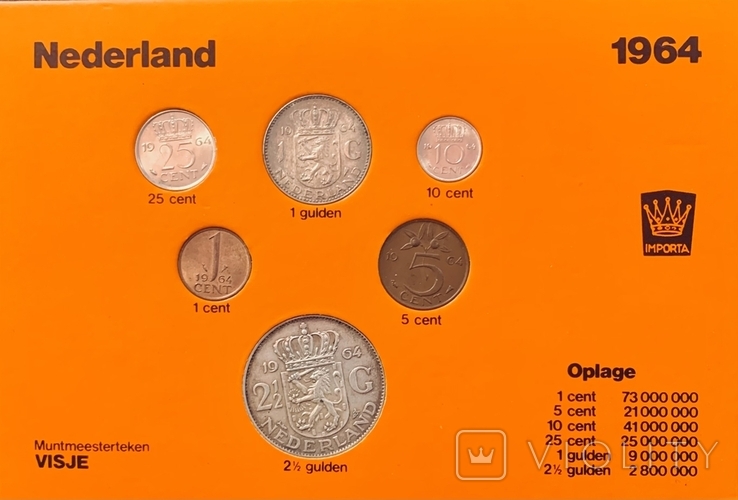 Комплект 6 монет Нідерландів (Королева Юліана) 1964 р.
