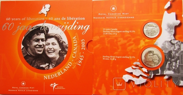 Канада, серебряный набор 25 центов 2005 + токен Нидерландов "60 лет освобождения"
