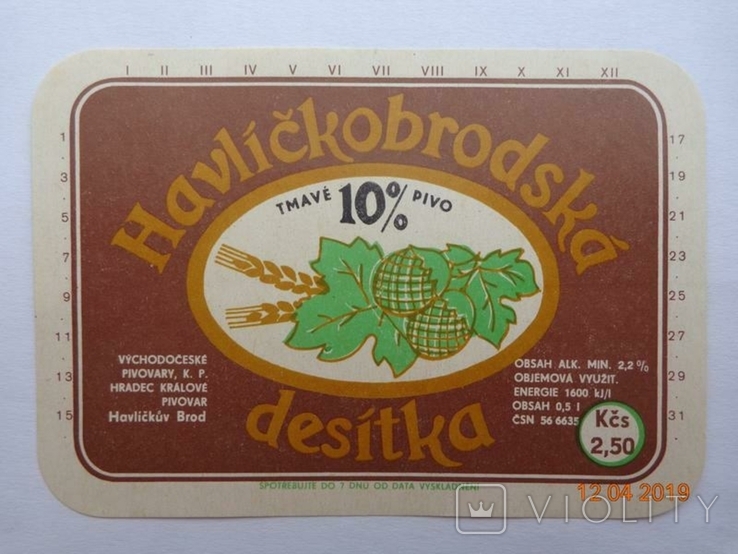 Beer label "Havlickobrodska desitka 10%" (Vychodoceske pivovary, Czechoslovakia)