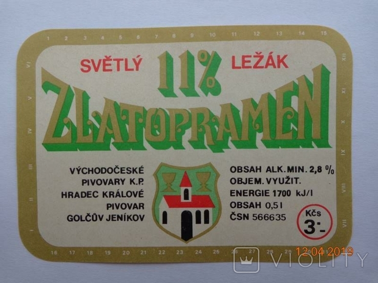 Beer label "Zlatopramen svetly lezak 11%" (Vychodoceske pivovary, Czechoslovakia)