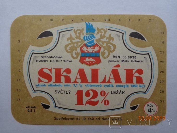 Beer label "Skalak svetly lezak 12%" (pivovar Maly Rohozec, Czechoslovakia)