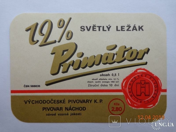 Beer label "Primator svetly lezak 12%" (Pivovar Nachod, Czechoslovakia)