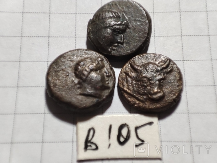Пантикапей.Лот из 3 монет.Аполлон -горит..Бык-плуг,колос.Перисад 4.Камасарии.2 в.до.н.э., фото №2
